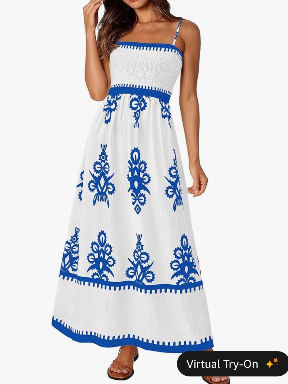 White & Blue Maxi Dress with Spaghetti Straps